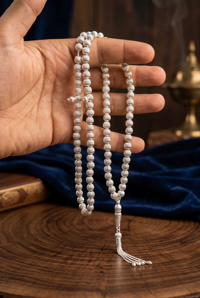 Özel İşçilik Yivli 99'luk Namaz Tesbihi 925 Ayar Gümüş Tesbih