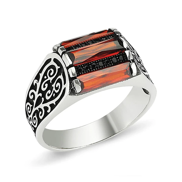 Kare Kasa Üçlü Baget Motifli Tasarım Mikro Taş Gümüş Yüzük