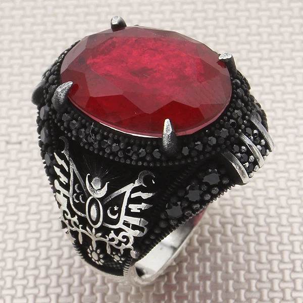 Oval Doğal Paraiba Osmanlı Devlet Arması Tasarım Mikro Taş Gümüş Yüzük