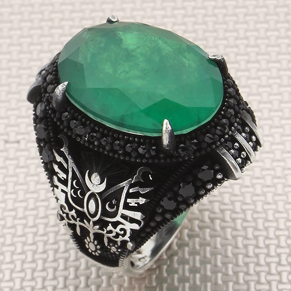 Oval Doğal Paraiba Osmanlı Devlet Arması Tasarım Mikro Taş Gümüş Yüzük