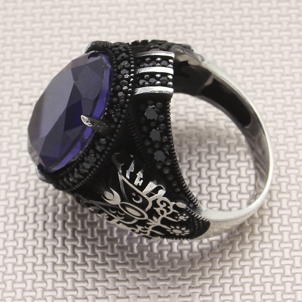 Oval Doğal Paraiba Osmanlı Devlet Arması Tasarım Mikro Taş Gümüş Yüzük