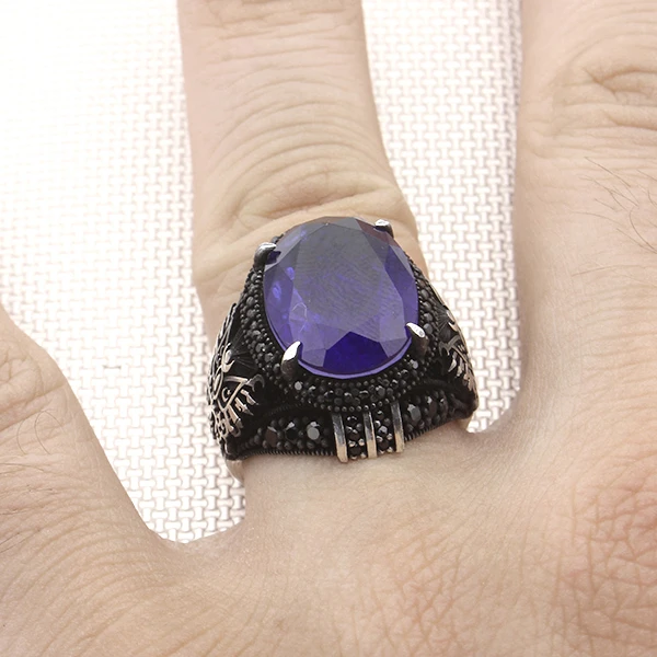 Oval Doğal Paraiba Osmanlı Devlet Arması Tasarım Mikro Taş Gümüş Yüzük