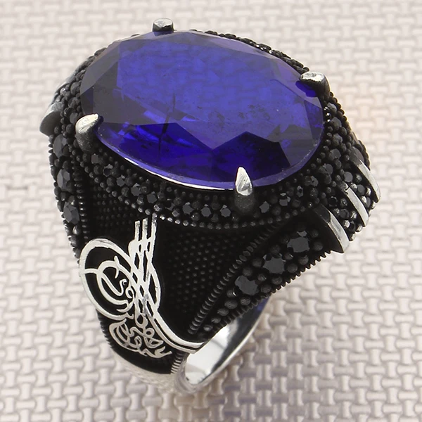 Oval Doğal Paraiba Osmanlı Tuğra Tasarım Mikro Taş Gümüş Erkek Yüzüğü