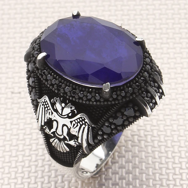 Oval Doğal Paraiba Selçuklu Kartalı Tasarım Mikro Taş Gümüş Yüzük