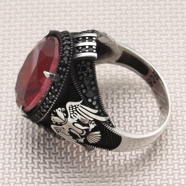 Oval Doğal Paraiba Selçuklu Kartalı Tasarım Mikro Taş Gümüş Yüzük