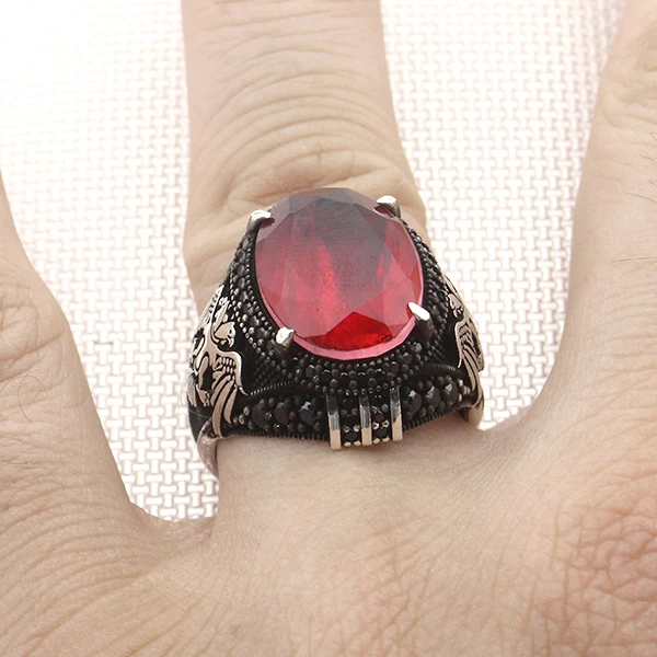 Oval Doğal Paraiba Selçuklu Kartalı Tasarım Mikro Taş Gümüş Yüzük