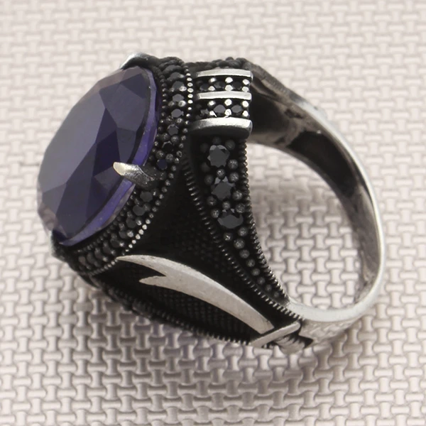 Oval Doğal Paraiba Zülfikar Kılıcı Tasarım Mikro Taş Gümüş Yüzük