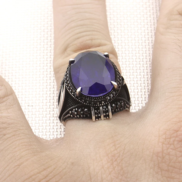 Oval Doğal Paraiba Zülfikar Kılıcı Tasarım Mikro Taş Gümüş Yüzük