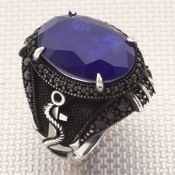 Oval Doğal Paraiba Çapa Tasarım Mikro Taş Gümüş Erkek Yüzük