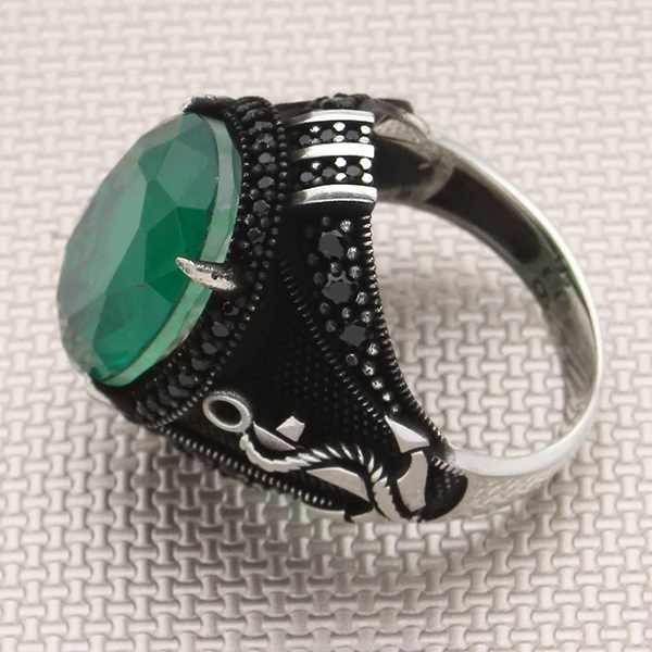 Oval Doğal Paraiba Çapa Tasarım Mikro Taş Gümüş Erkek Yüzük