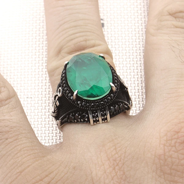 Oval Doğal Paraiba Çapa Tasarım Mikro Taş Gümüş Erkek Yüzük