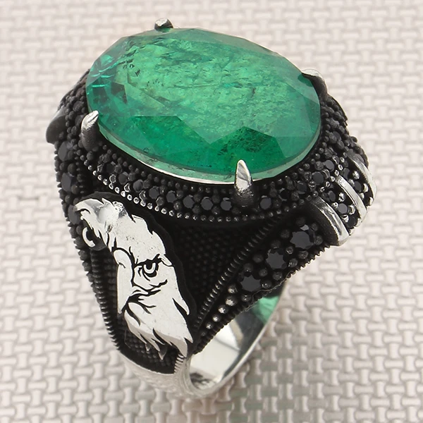 Oval Doğal Paraiba Kartal Tasarım Mikro Taş Gümüş Erkek Yüzük