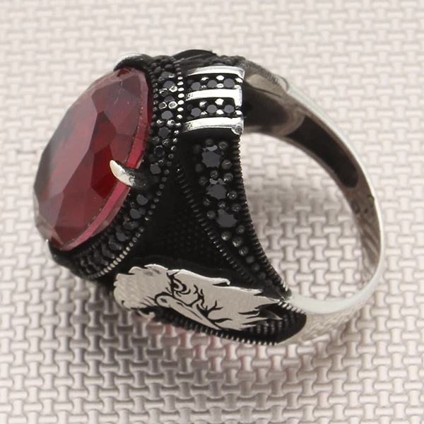 Oval Doğal Paraiba Kartal Tasarım Mikro Taş Gümüş Erkek Yüzük