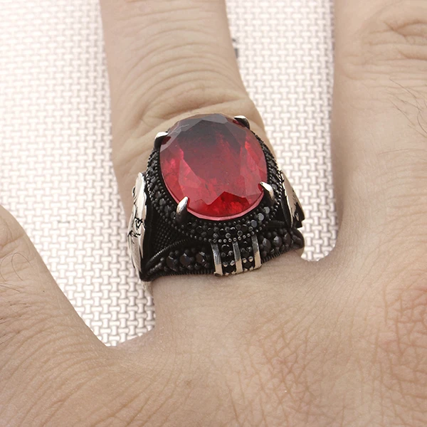 Oval Doğal Paraiba Kartal Tasarım Mikro Taş Gümüş Erkek Yüzük