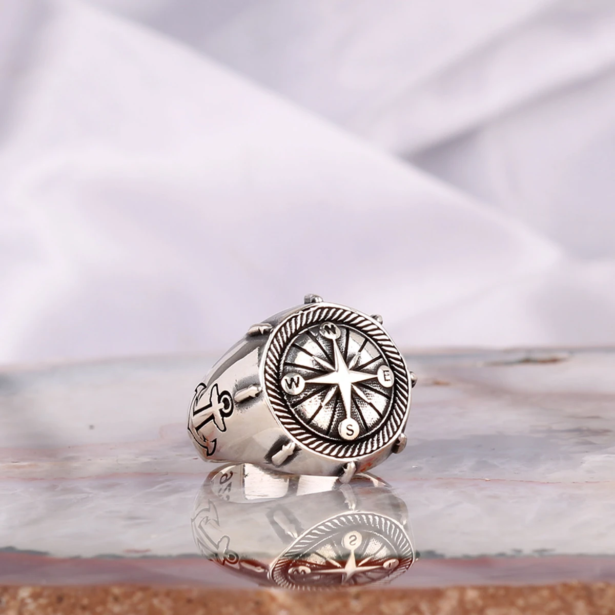 Yuvarlak Pusula Çapa Tasarım Gümüş Erkek Yüzüğü
