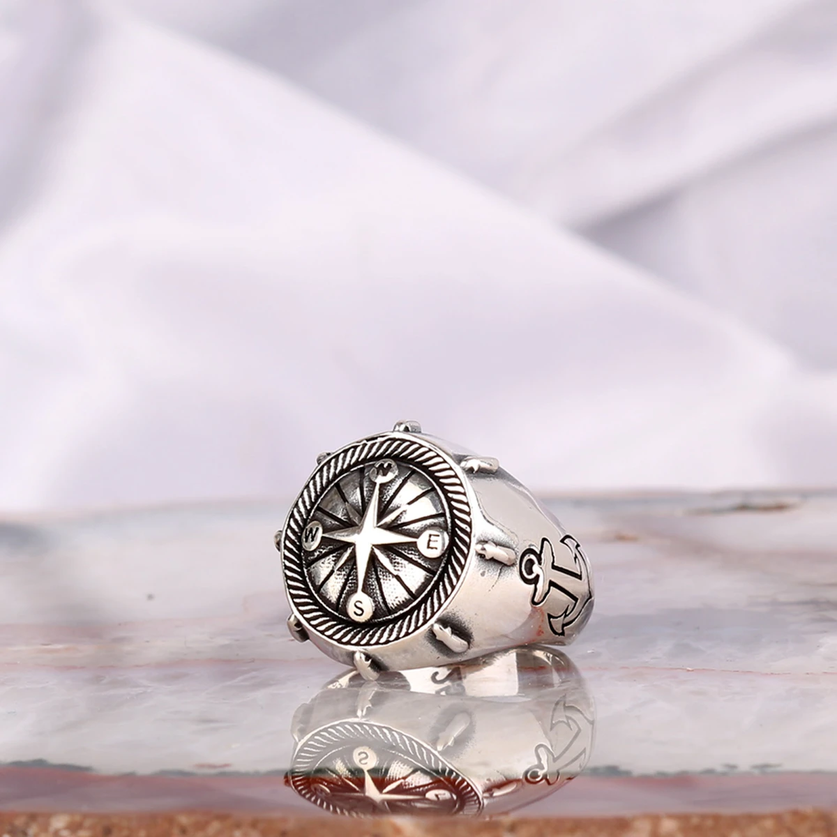 Yuvarlak Pusula Çapa Tasarım Gümüş Erkek Yüzüğü