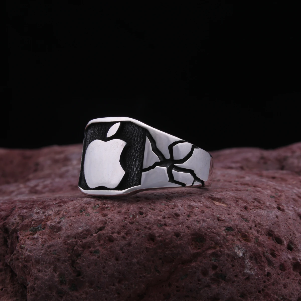 Apple Elma Tasarım Gümüş Erkek Yüzüğü