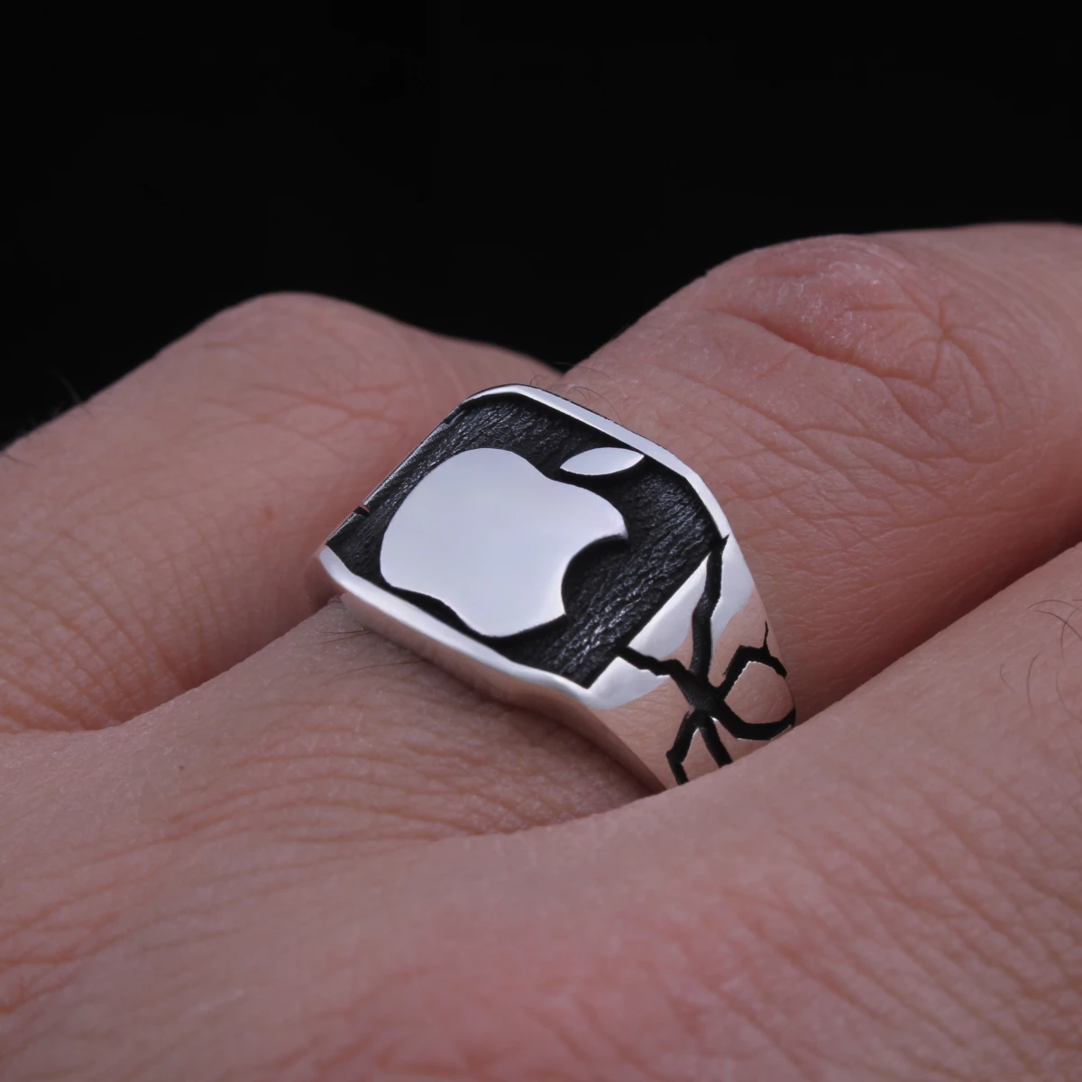 Apple Elma Tasarım Gümüş Erkek Yüzüğü
