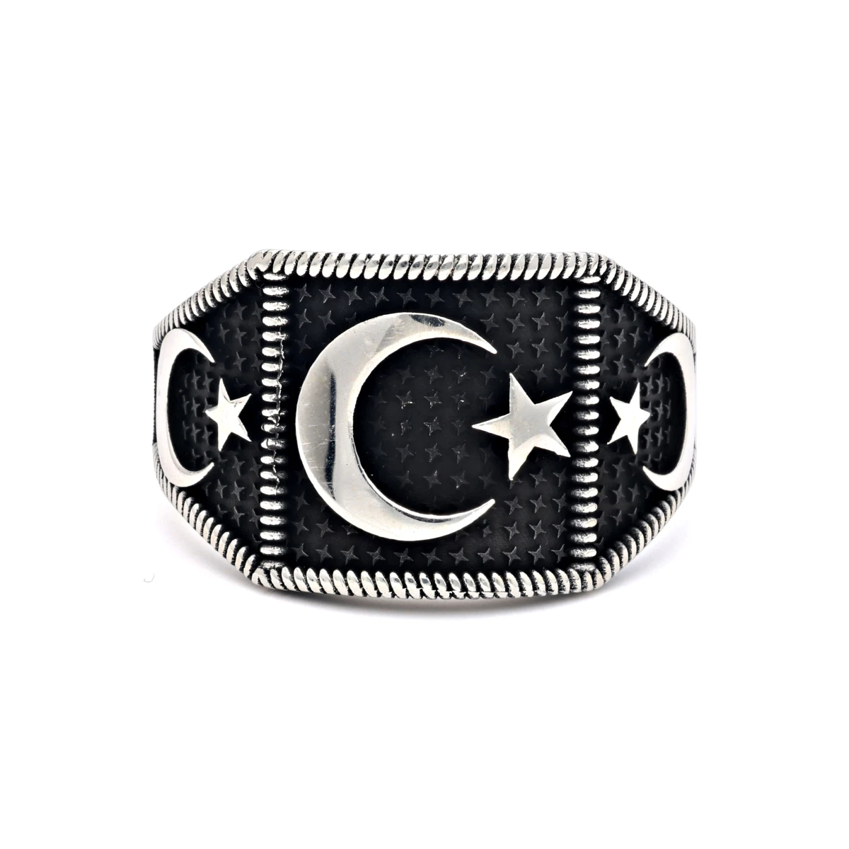 Mat Siyah Zeminli ve Ay Yıldızlı Erkek Yüzüğü