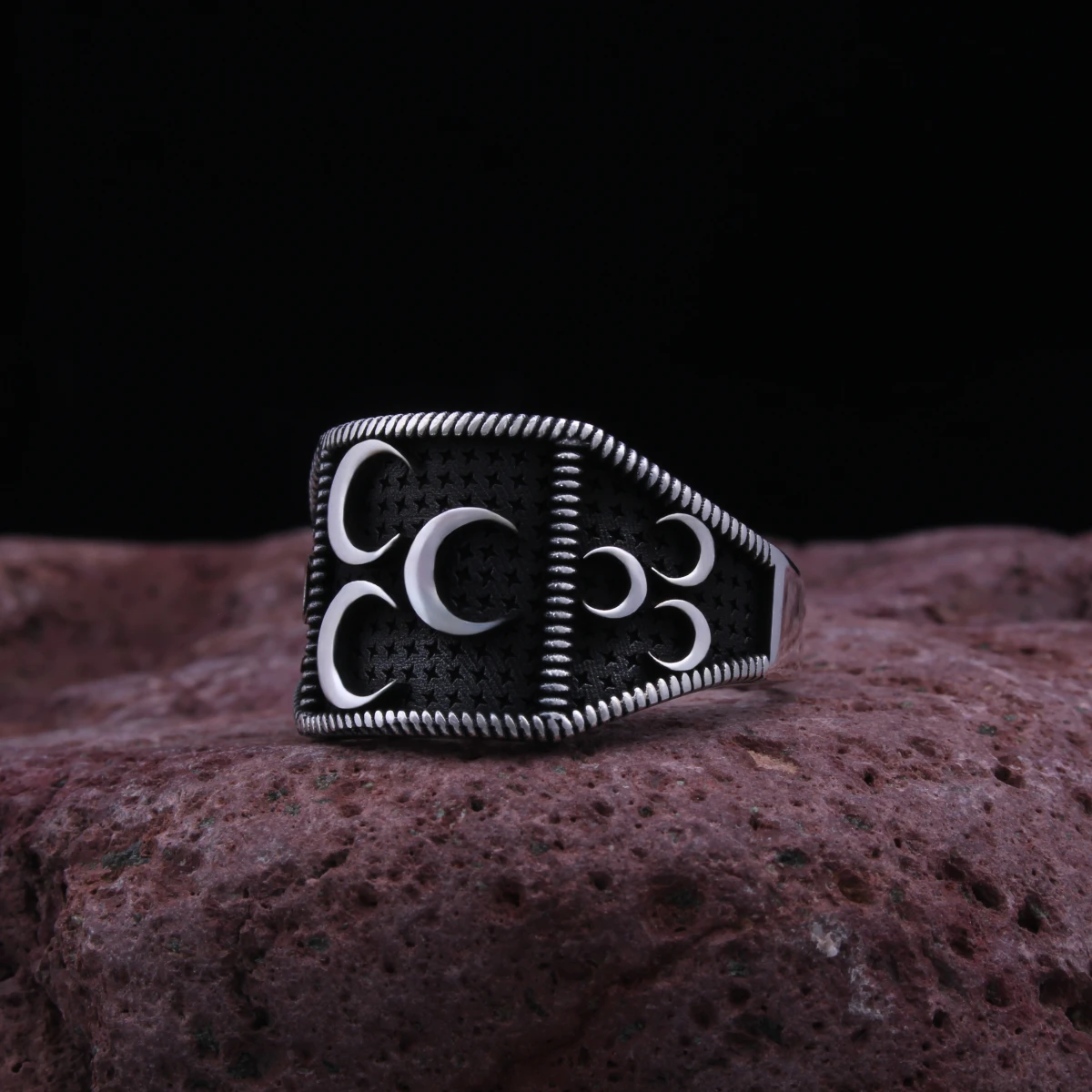 Üç Hilal Tasarım Gümüş Erkek Yüzüğü