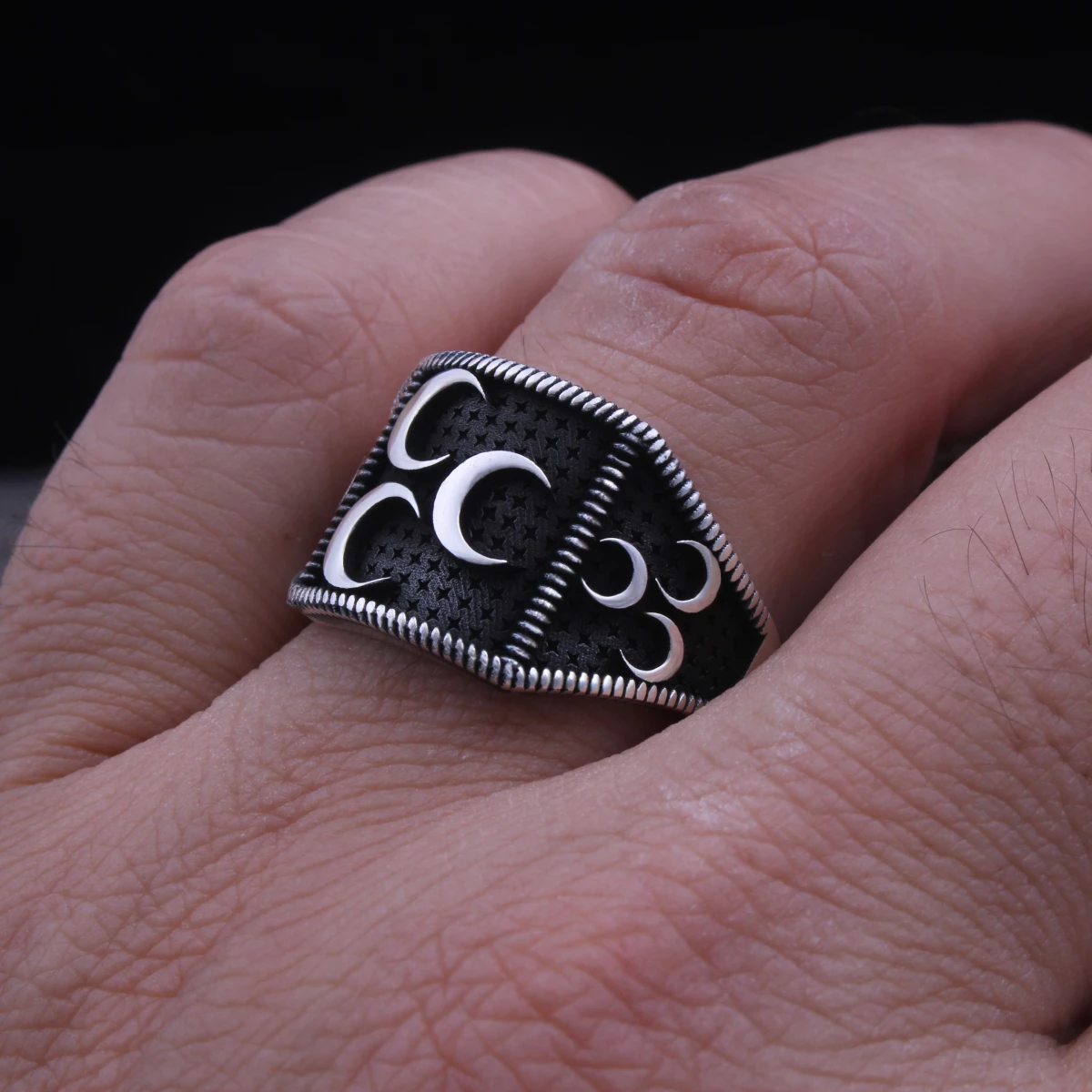 Üç Hilal Tasarım Gümüş Erkek Yüzüğü