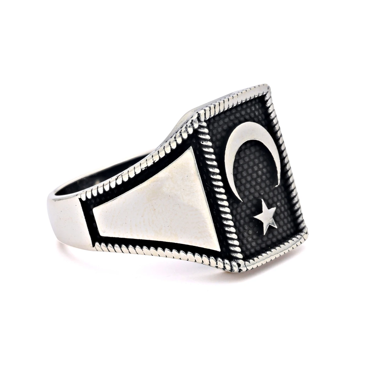 Modern Kare Form Ay Yıldızlı Erkek Yüzüğü