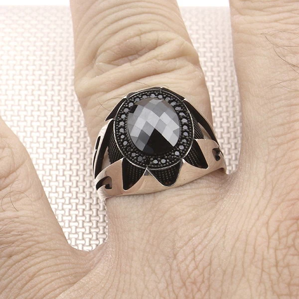 Oval Firuze Tasarım Mikro Taş Gümüş Erkek Yüzüğü