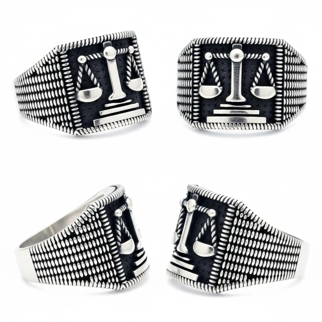 Adalet Terazisi Motifli ve Mat Siyah Zeminli Erkek Yüzüğü