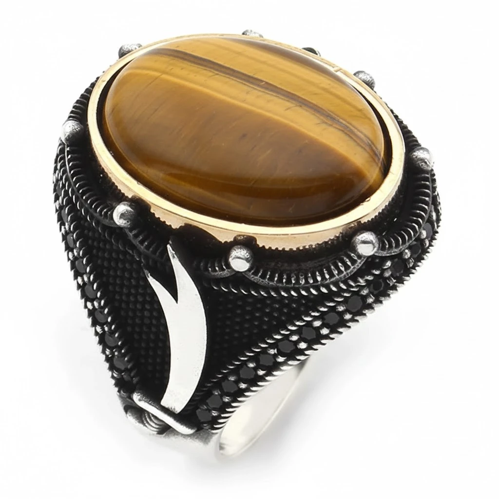 Oval Kapüşon Kızıl Akik Taşlı Zülfikar Sembollü Mühür Erkek Yüzük