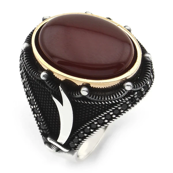 Oval Kapüşon Kızıl Akik Taşlı Zülfikar Sembollü Mühür Erkek Yüzük