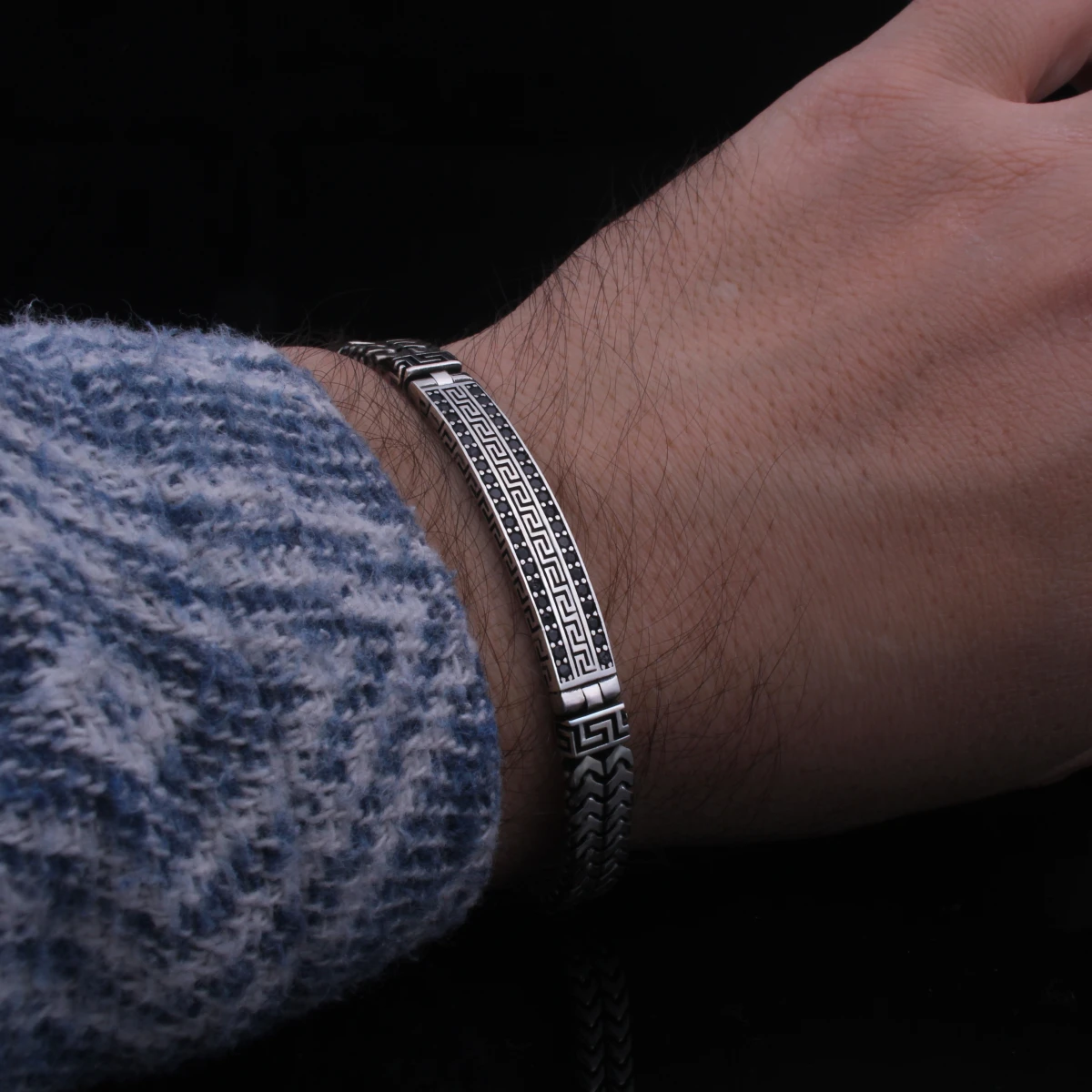 Balıksırtı Kordonlu Grek Desenli Erkek Bileklik