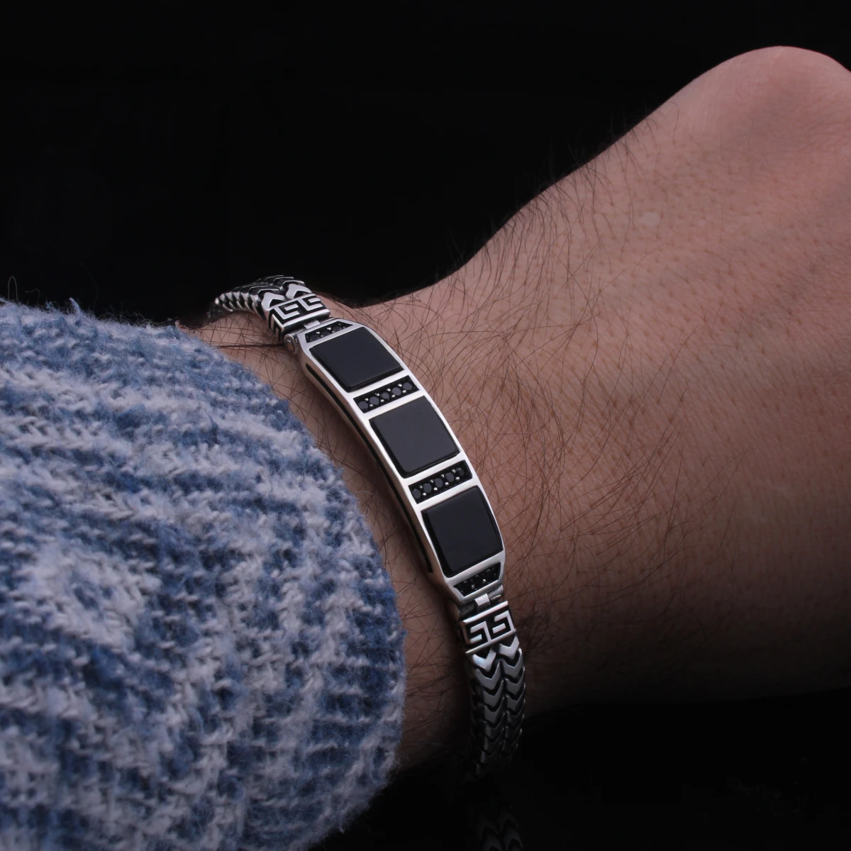 Siyah Oniks Taşlı Kare Tasarım Erkek Bileklik
