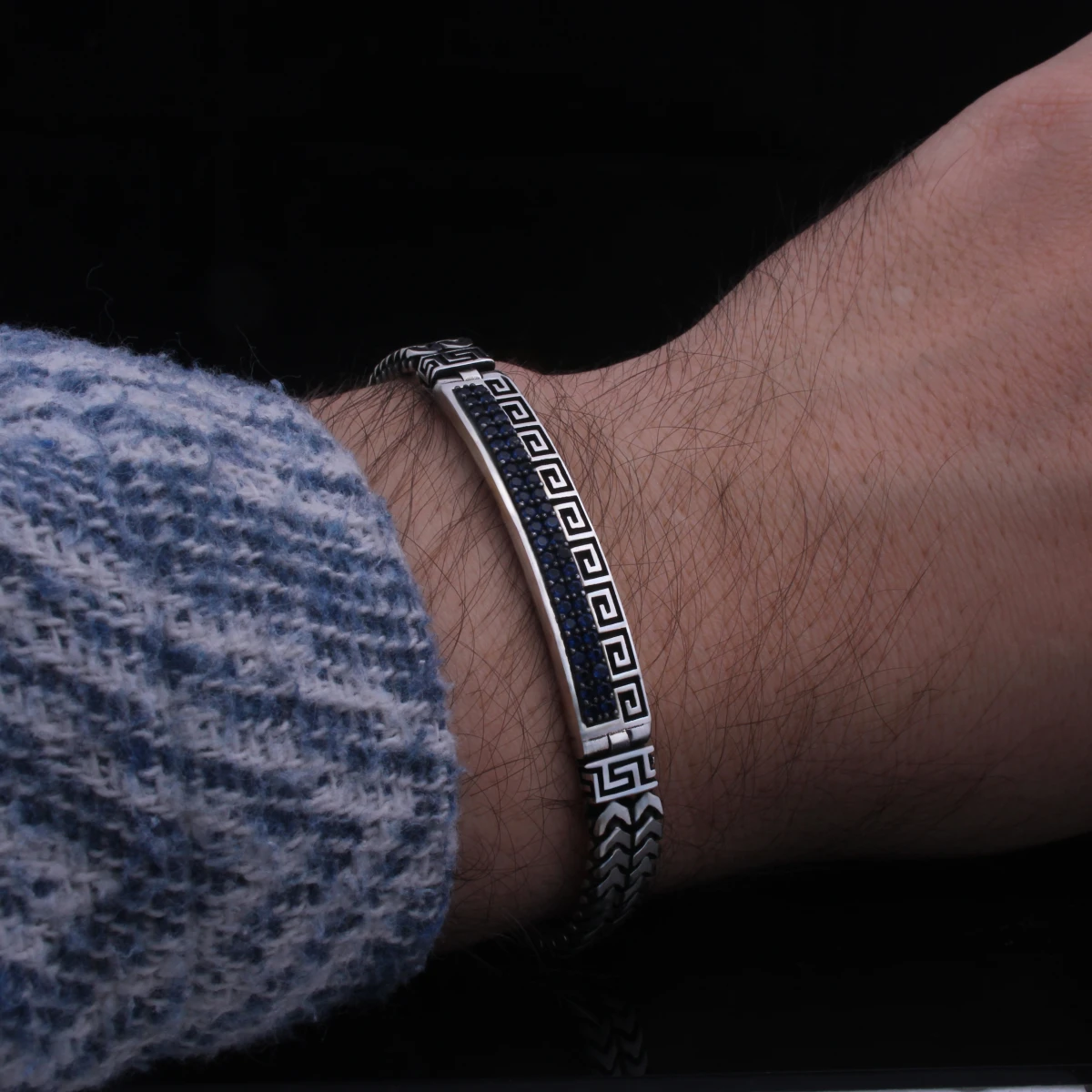 Lacivert Taşlı Grek Desenli Erkek Bileklik