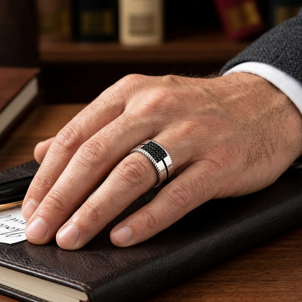 Siyah Taşlı ve Burgu Kenarlı Erkek Alyans