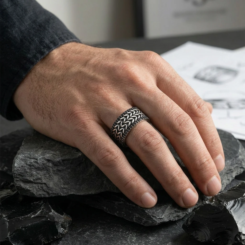 Balıksırtı Örgü Model Siyah Taşlı Erkek Alyans