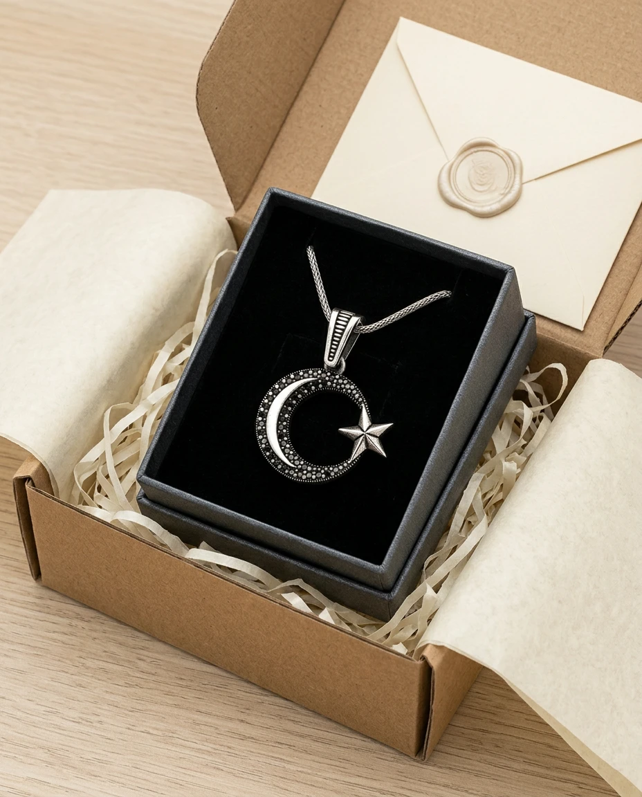 Çift Sıra Kırmızı Taşlı Ay Yıldız Kolye Ucu