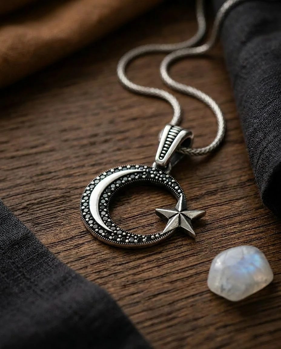 Çift Sıra Kırmızı Taşlı Ay Yıldız Kolye Ucu