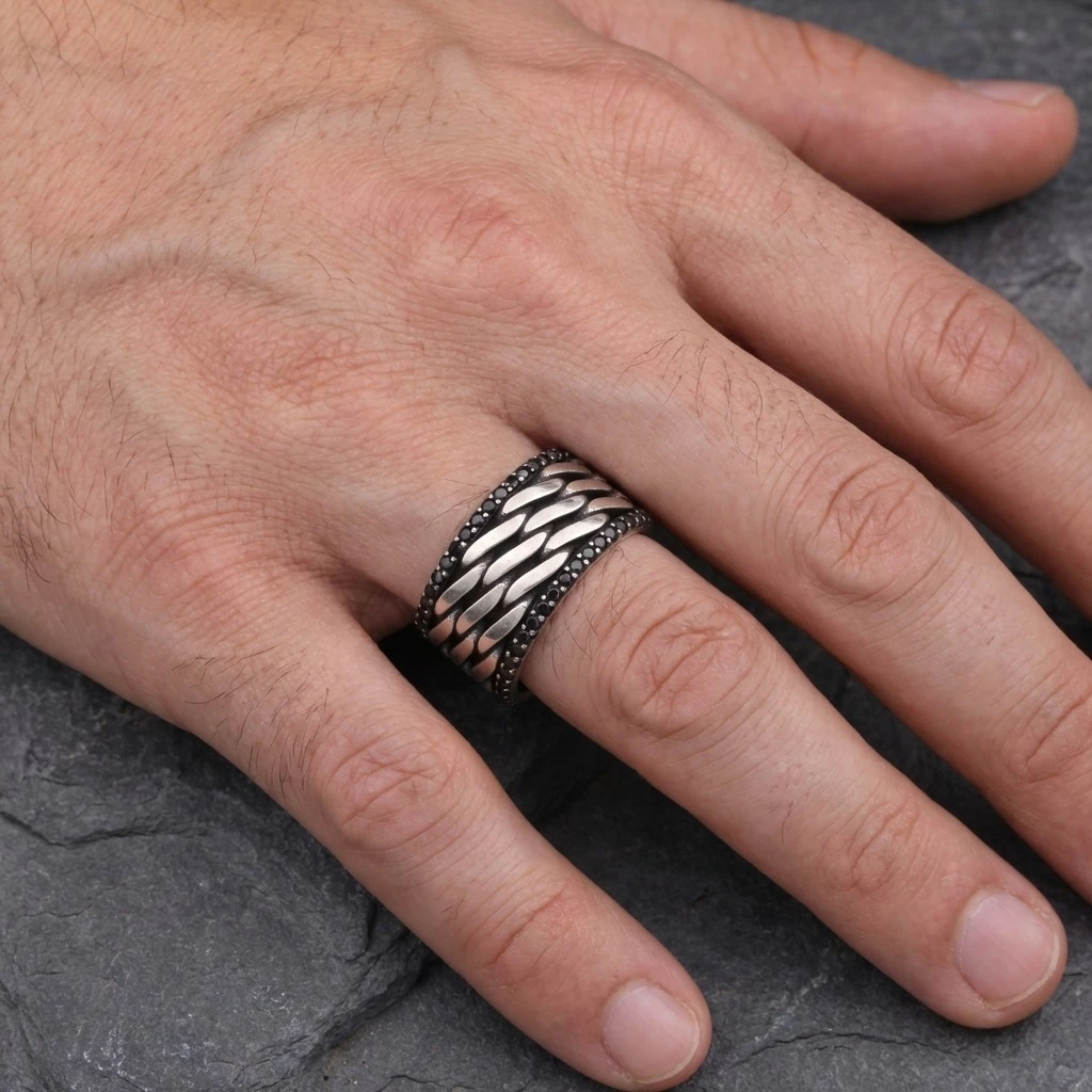 Yatay Hasır Örgü Desenli Siyah Taşlı Erkek Alyans