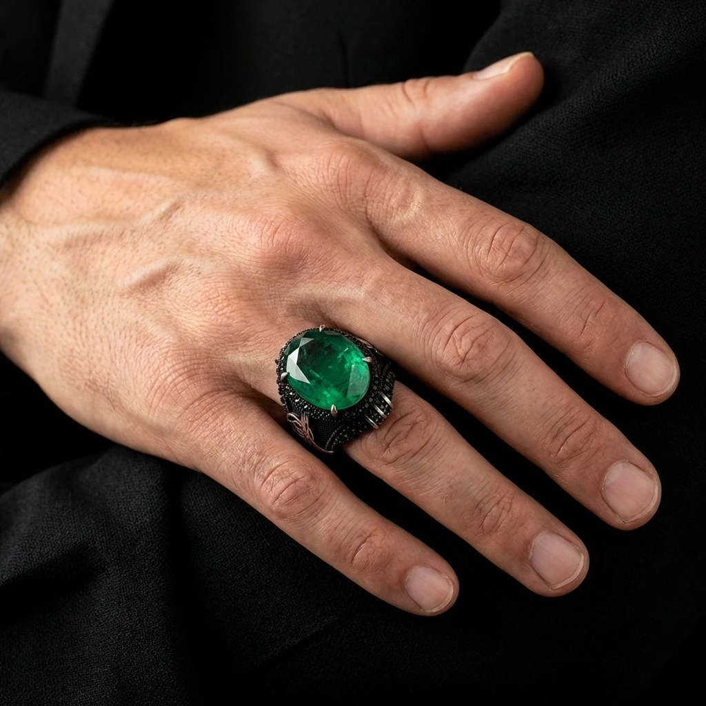 Oval Doğal Paraiba Osmanlı Tuğra Tasarım Mikro Taş Gümüş Erkek Yüzüğü