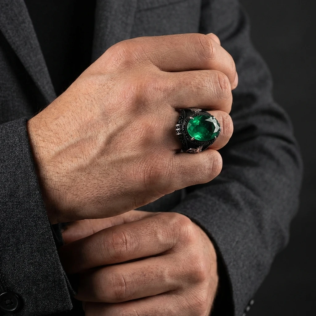 Oval Doğal Paraiba Osmanlı Tuğra Tasarım Mikro Taş Gümüş Erkek Yüzüğü