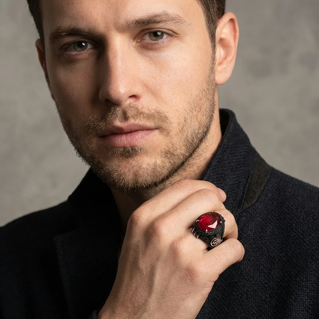 Oval Doğal Paraiba Osmanlı Tuğra Tasarım Mikro Taş Gümüş Erkek Yüzüğü