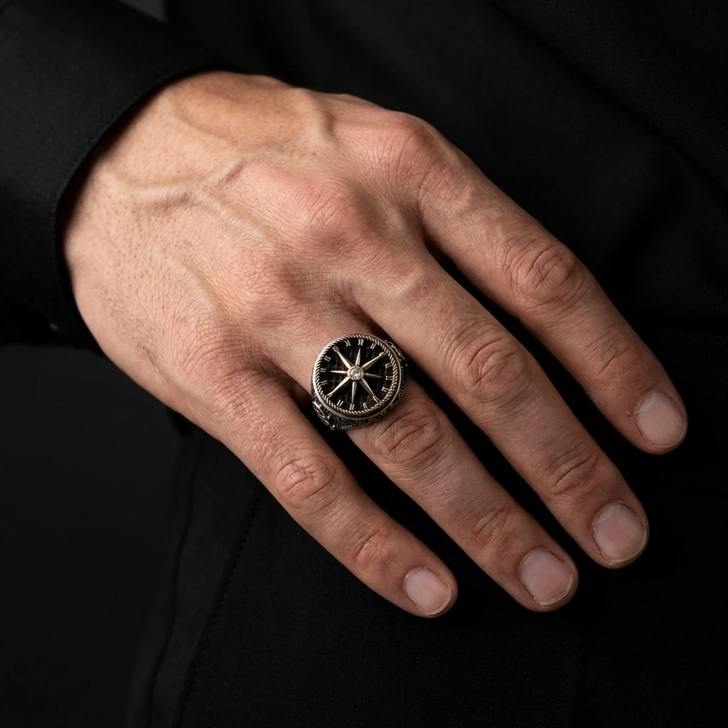 Pusula ve Kutup Yıldızı Model Erkek Yüzük