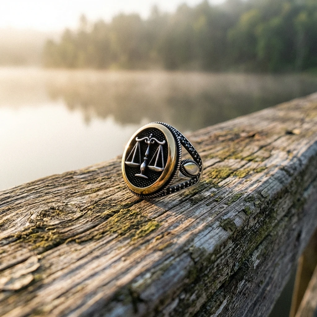 Adalet Terazisi Motifli Siyah Mikro Taşlı Erkek Yüzük