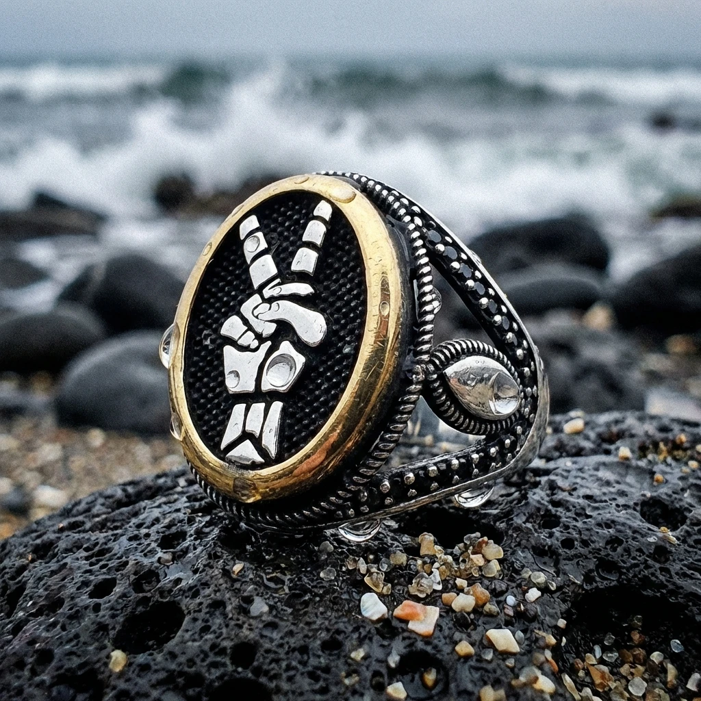 Zafer İşareti Motifli Siyah Mikro Taşlı Erkek Yüzük