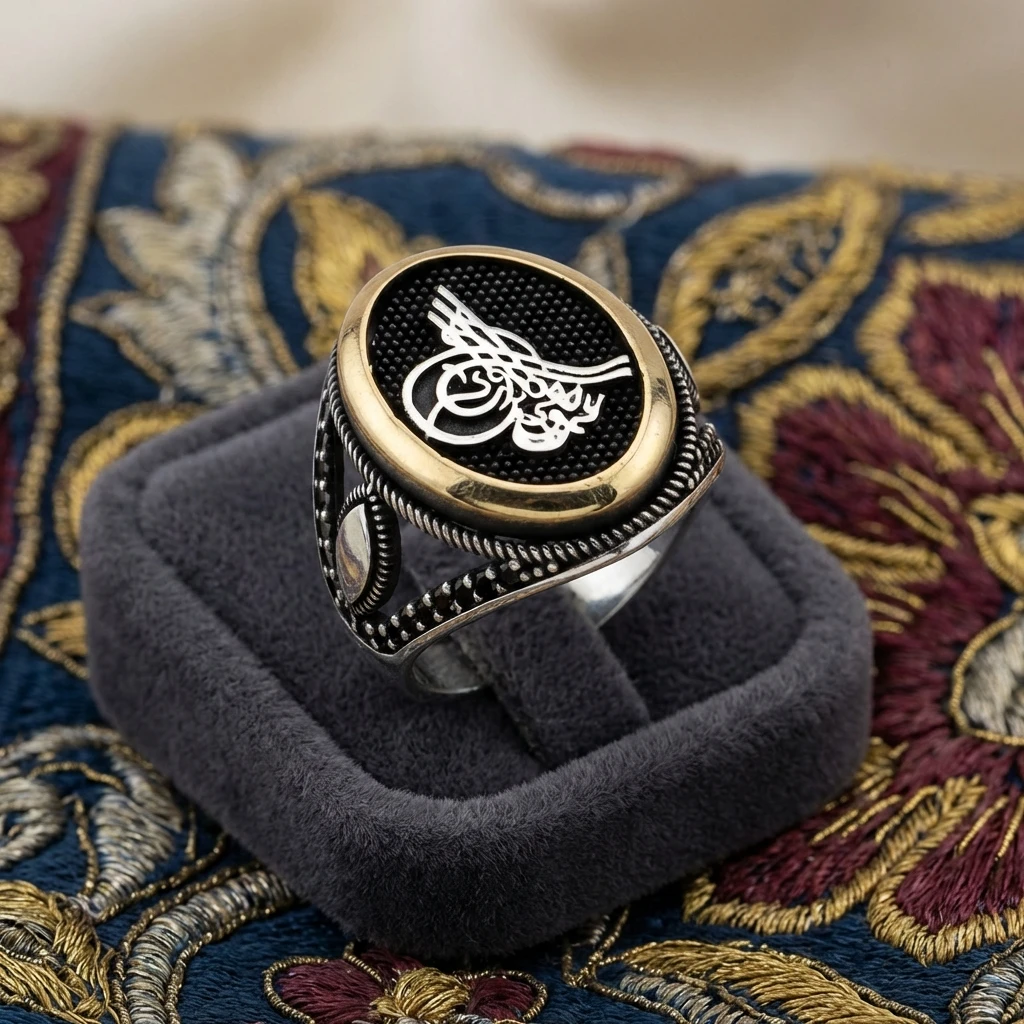 Osmanlı Tuğrası Motifli Siyah Mikro Taşlı Erkek Yüzük