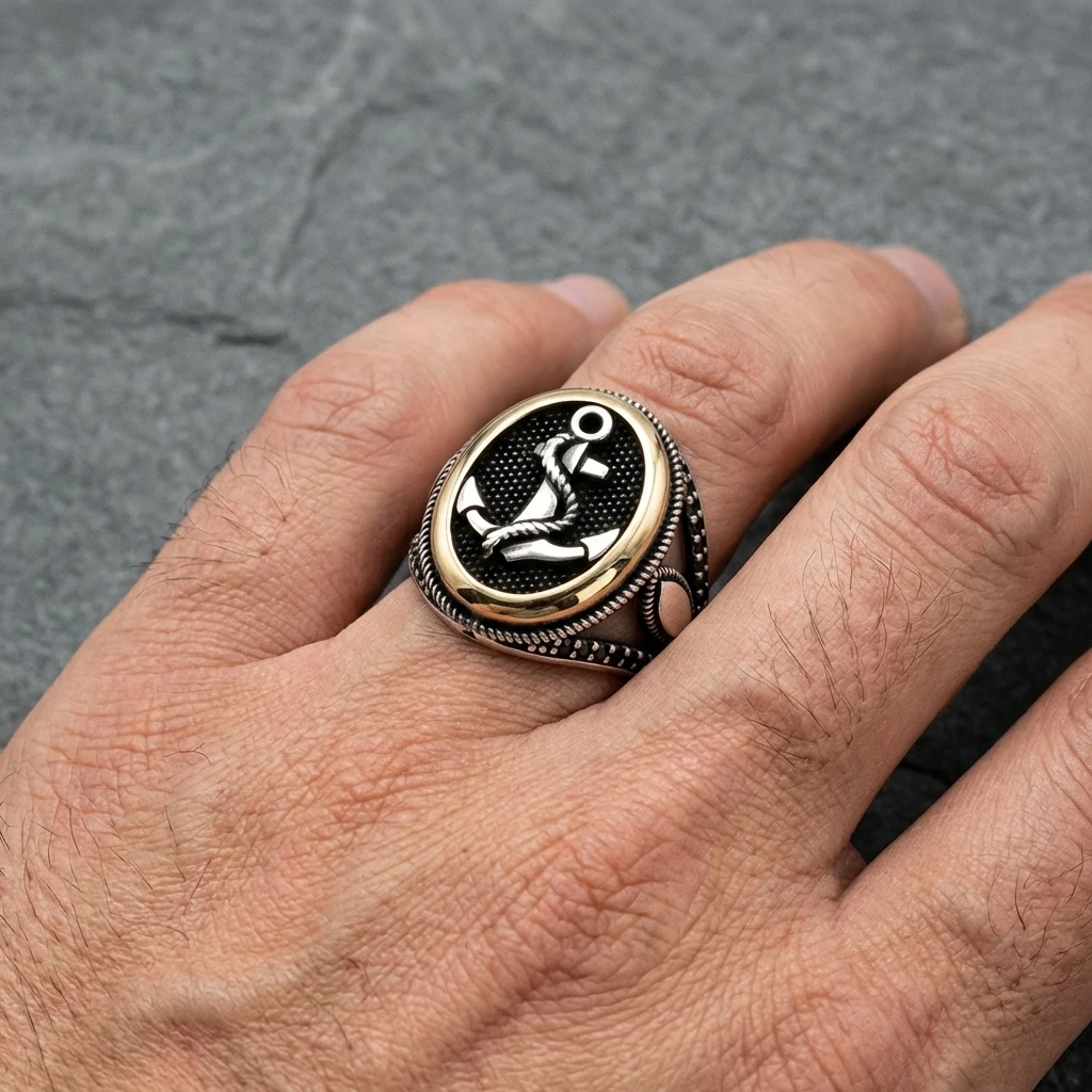 Osmanlı Tuğrası Motifli Siyah Mikro Taşlı Erkek Yüzük