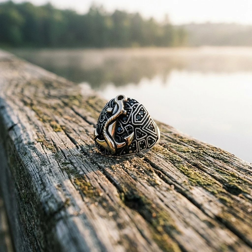 Siyah Zirkon Taşlı Çapa Figürlü Erkek Yüzük