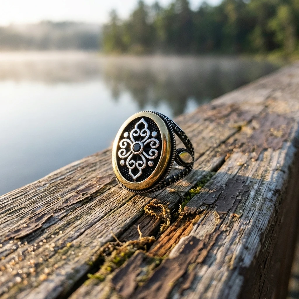 Geleneksel Rumi Motifli Siyah Zirkon Erkek Yüzük