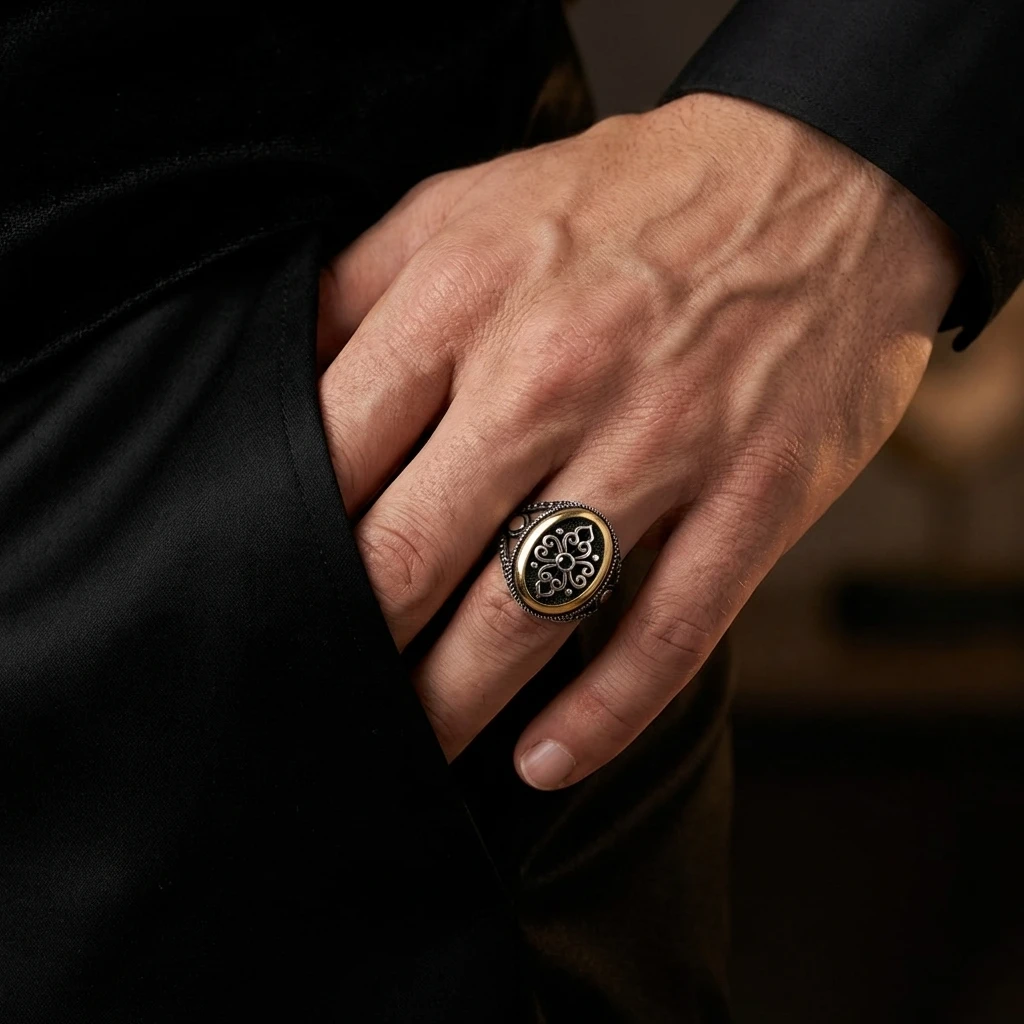 Geleneksel Rumi Motifli Siyah Zirkon Erkek Yüzük