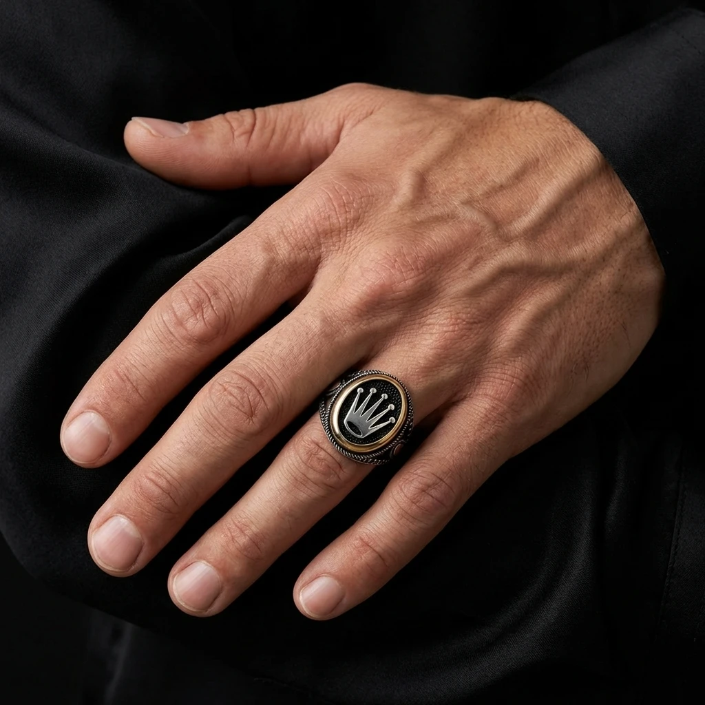 Kral Tacı Motifli Siyah Mikro Taşlı Erkek Yüzük